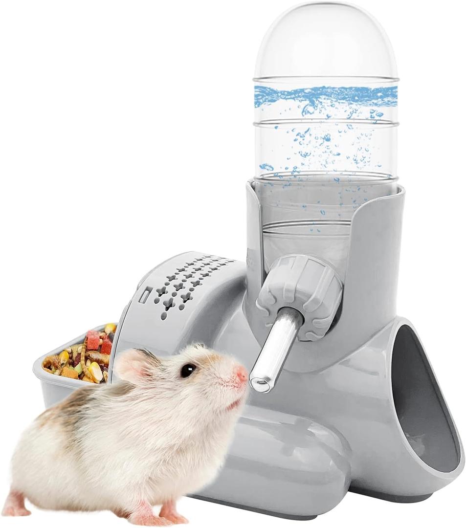 Vannon 3 in 1 Hamster Water Bottle No Drip Small Animal Water Bottle Automatic Bottle Dispenser with Food Container Base Hut and Hideout Base 4oz/120ml,Leekproof, BPA Free (Grey)