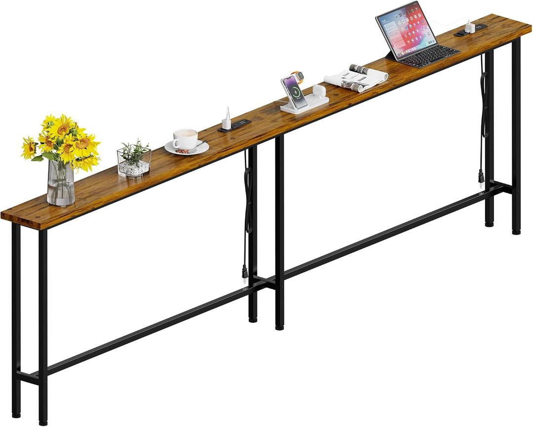 GRLEAF 102" Sofa Table with Built-in Power Strip (4 AC Outlets & 4 USB Ports) 4.9ft Power Cord, Metal Frame, Easy Assembly, Long Couch Table Behind Sofa, Living Room and Home Office | Rustic Brown