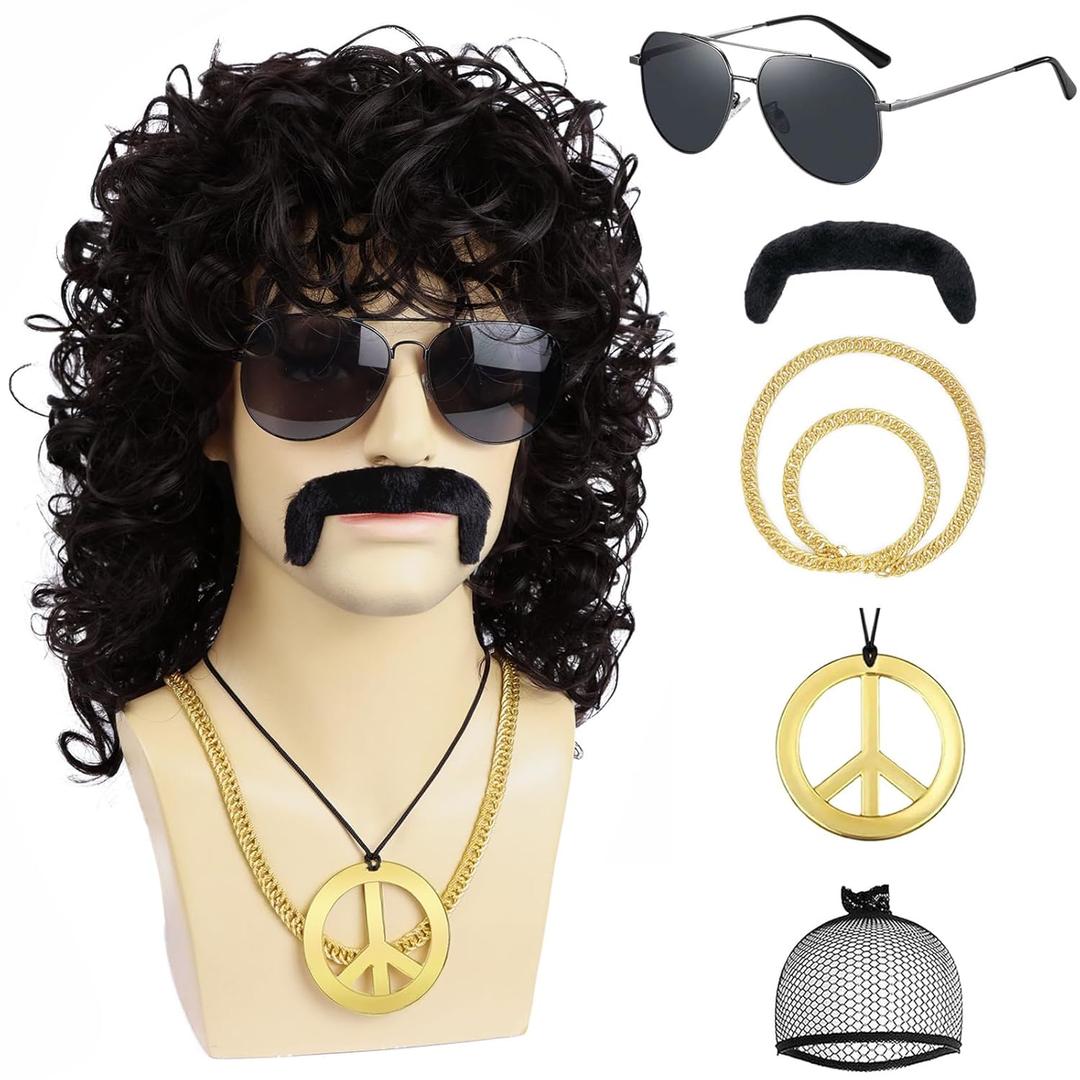 6 Pcs Set 70s 80s Mens Disco Wig with Sunglasses Mustache Peace Sign Necklace Golden Chain for Rocker Party Long Black Curly Wig with Bangs for Halloween Costume Use