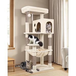Globlazer Cat Tree Tower with Scratching Post for Indoor Cats, 53inch Tall Plush Multi-Level Cat Climbing Tower Condo House with Large Hammock, Spacious Cat Cave, Big Padded Top Perch Bed, F53, Beige