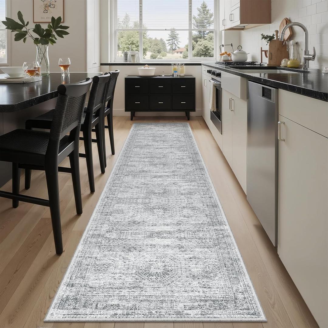 Runner Rug 2'x8' Washable Non-Slip Runner Rugs for Kitchen Bathroom Laundry Room Grey Vintage Floor Carpet Runners for Hallway Entryway
