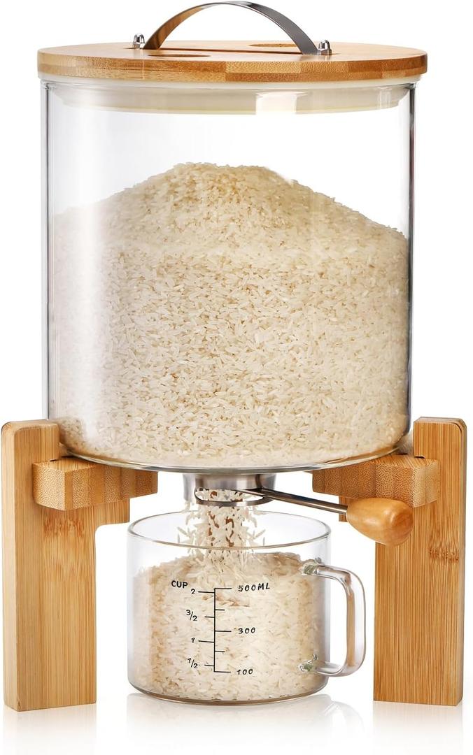 Tlence 5L Glass Rice Dispenser, Cereal Container with Bamboo Stand, Large Airtight Food Storage Bin, Rice Organization Tank with Measuring Cup for Grain Coffee Beans Dry Food
