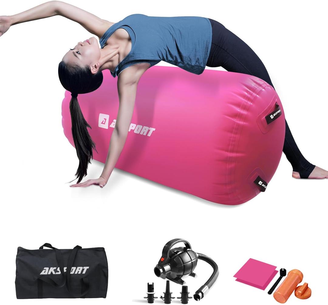 AKSPORT Air Roller Gymnastics Air Barrel for Backbends and Back Handsprings Exercise Training with Electric Air Pump for Home Use/Yoga/Cheerleading/Tumbling/Back Walkovers (47inx29.5inDiam), Pink)