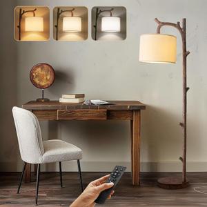 OYEARS Retro Farmhouse Floor Lamp for Living Room with Remote Rustic Standing Lamps Tree Trunk Deco Modern Country Vintage Wood Floor LampBrown,Bulb Included
