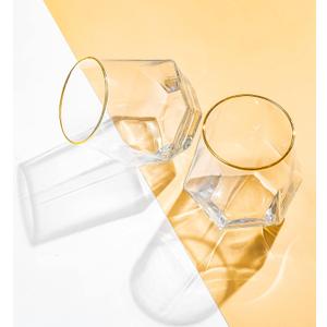 Diamond Wine Glass Set of 2, Modern Stemless Golden Edge Glass Cups Drinking Glassware for Serving Party,Home,Bar, Restaurants Transparent