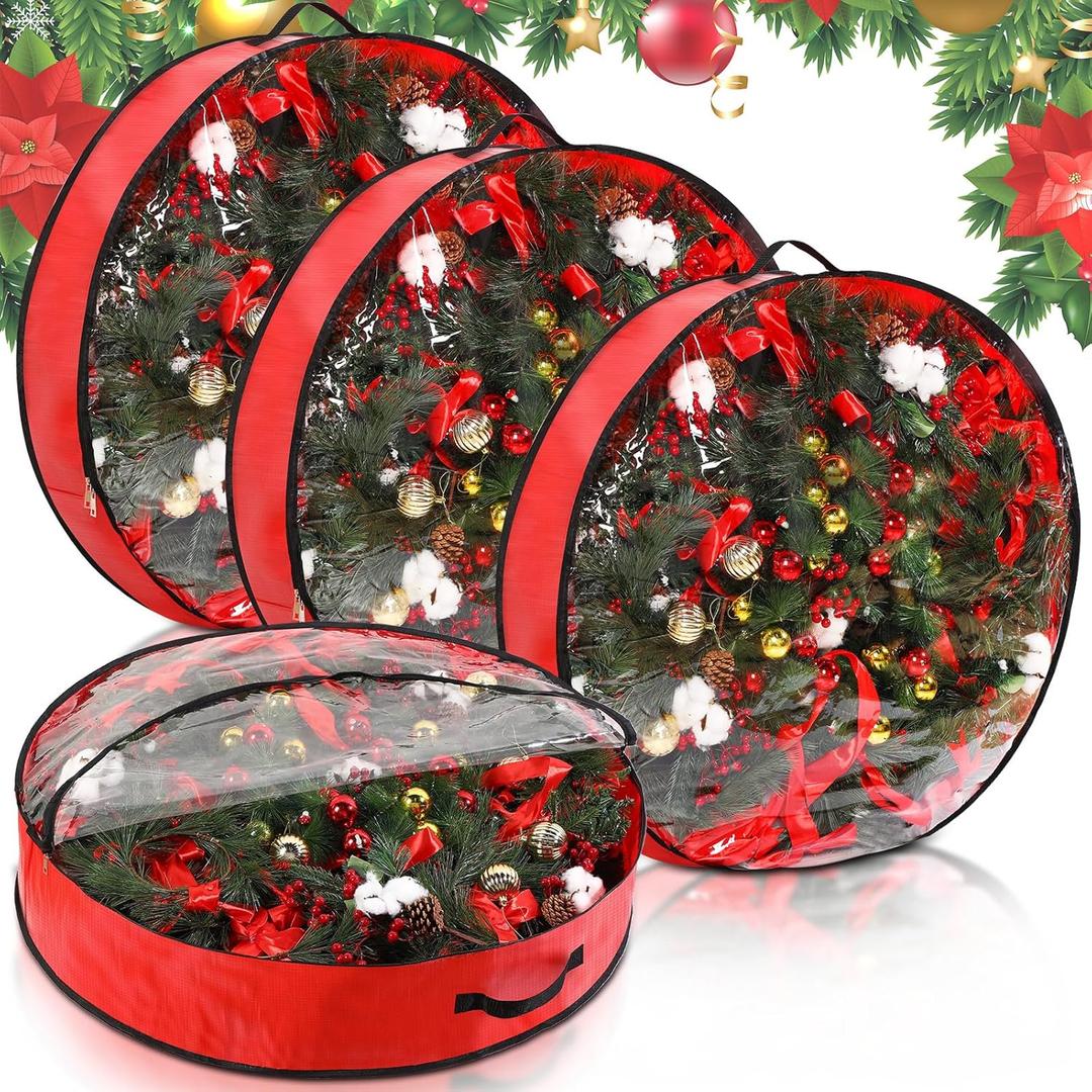 Aliceset 4 Pack Wreath Storage Containers, Ornament Garland Wreath Storage Bags with Handle Zipper Decorative Storages Box for Winter Valentine Wreaths(36 x 36 x 7.8 Inch,Red)
