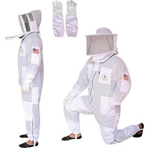 US APIARY 3 Layer Bee Suit with Fencing Veil and Round Veil One Pair Gloves Sting Proof Ventilated Beekeeping Suit, 2 Veils (White, 3X-Large)