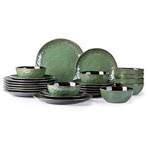 LERATIO Ceramic Dinnerware Sets for 8, Plates and Bowls Sets with Wavy Edge, Highly Chip and Crack Resistant | Dishwasher & Microwave & Oven Safe Dishes set, Green- Service for 8（24pcs）