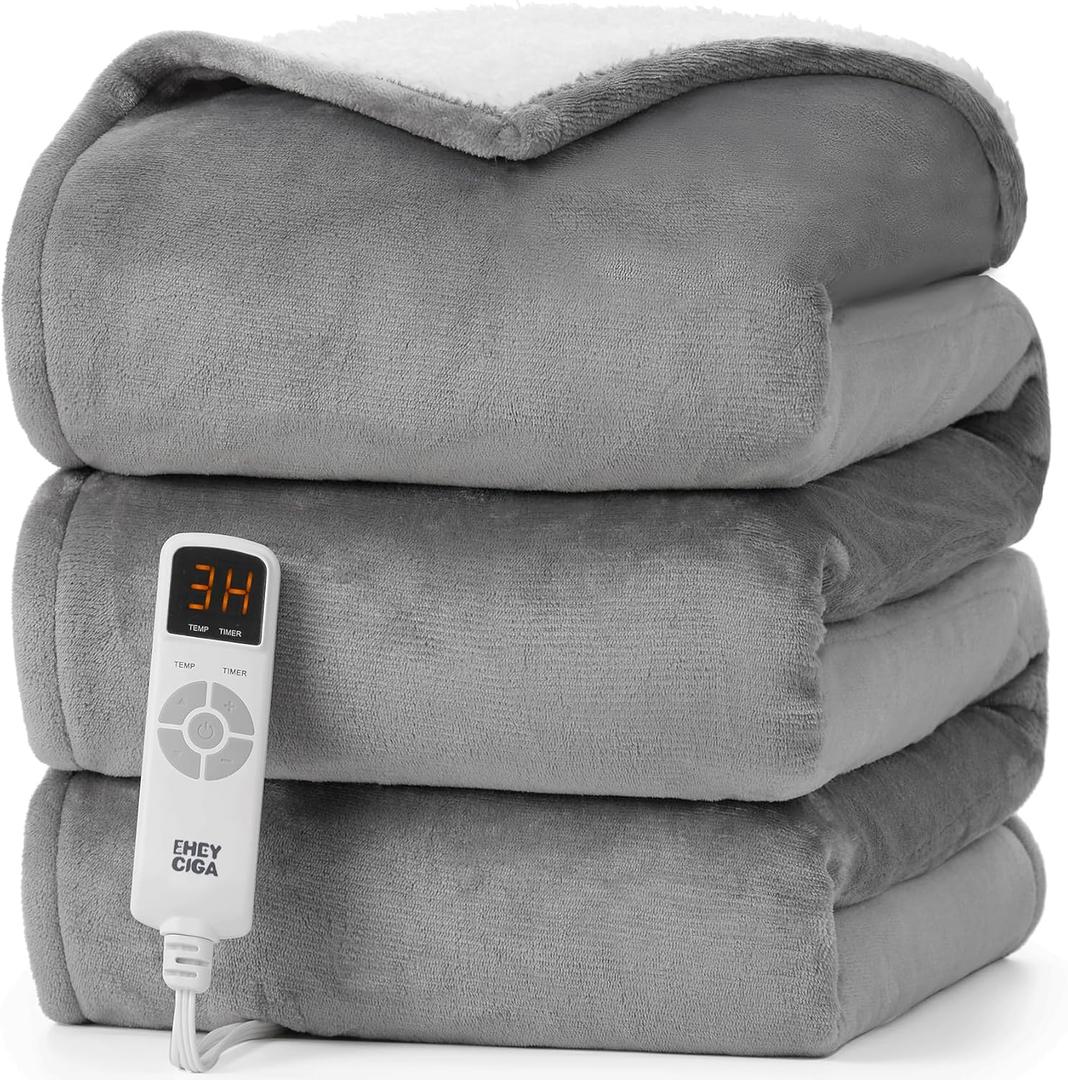 EHEYCIGA Heated Blanket Electric Throw - Heating Blanket with 9 Heating Levels & 10 Hours Auto Off, Soft Cozy Sherpa Washable Throw with Fast Heating, 50 x 60 Inches (Grey)