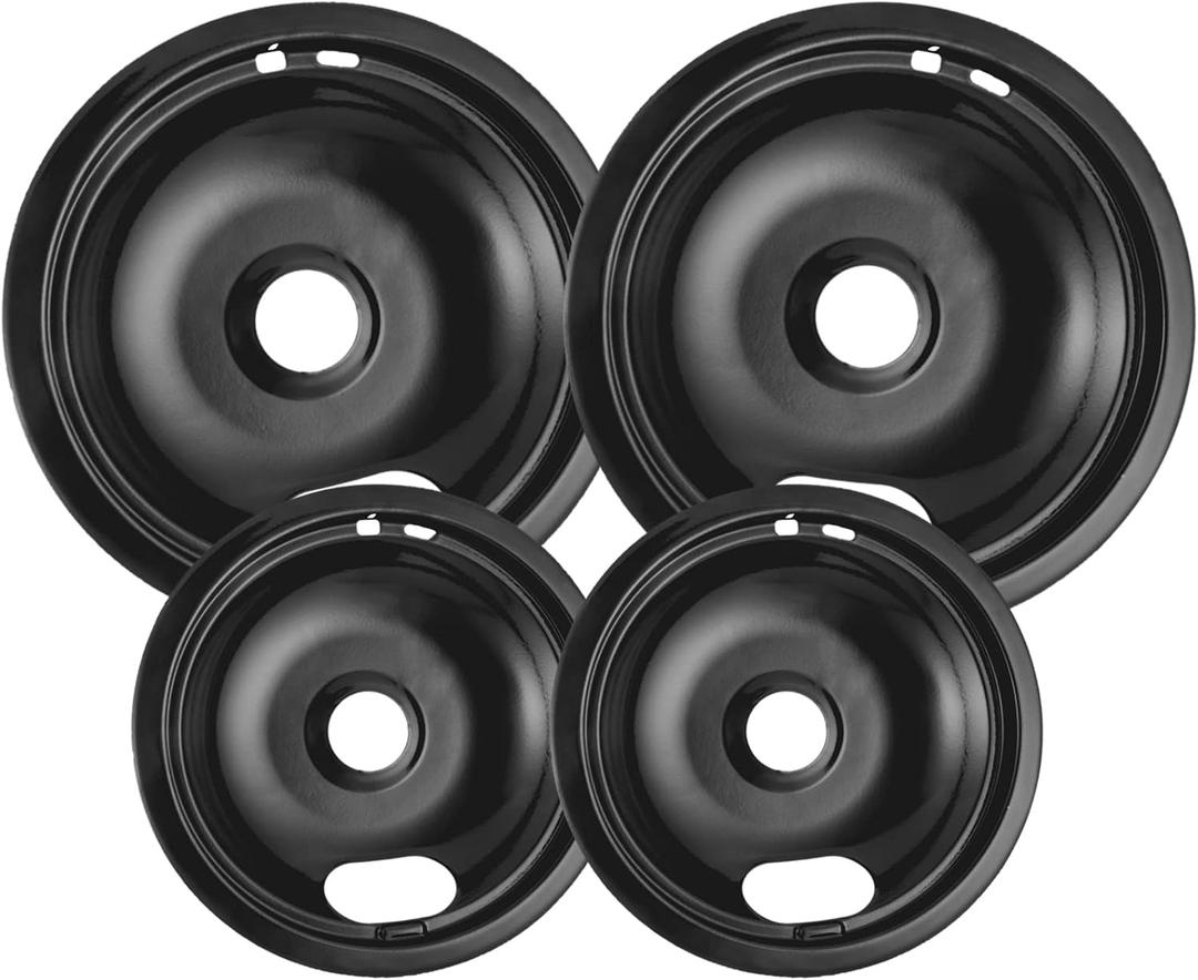 4 Pack Black Drip Pans, Compatible with Whirpool Kenmore Frigirate Stove Top Drip Bowls. Include 2 Pcs 6'' Range Replacement Drip Pans and 2 Pcs 8 '' Cooktop Drip Pans