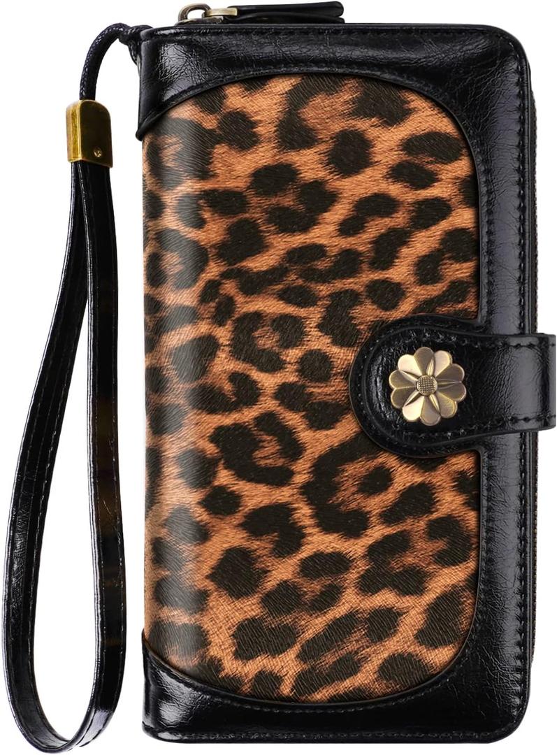 Wallets for Women Multi Card Holder Wallet Clutch Wallet Card Holder Organizer Ladies Purse with Wrist strap Purse (Black Leopard)
