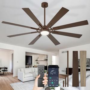 Depuley 72-Inch Ceiling Fan with Light: Modern 8-Blade Brown and Wood Grain Indoor Outdoor Fans with Remote App Control Dimmable Light - Ultra Quiet DC Motor Reversible 6 Speed Timer