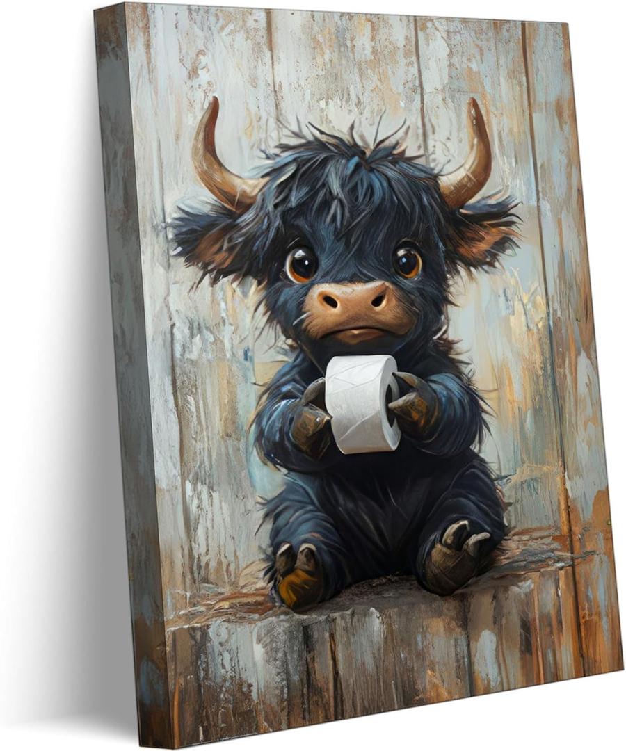 Funny Highland Cow Bathroom Canvas Wall Art Cute Black Cow Baby Animal Picture Wall Decor Vintage Rustic Farmhouse Home Poster Print Painting for Bathroom Toilet Restroom Washroom Decoration, 24"L x 16"W-Canvas