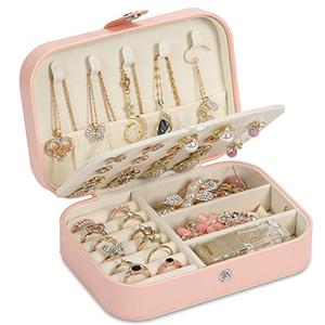 XZUZ Travel Jewelry Box, PU leather Small Jewelry Organizer For Female Girls, double layer portable mini travel case for storing earrings, rings, necklaces.(Pink)