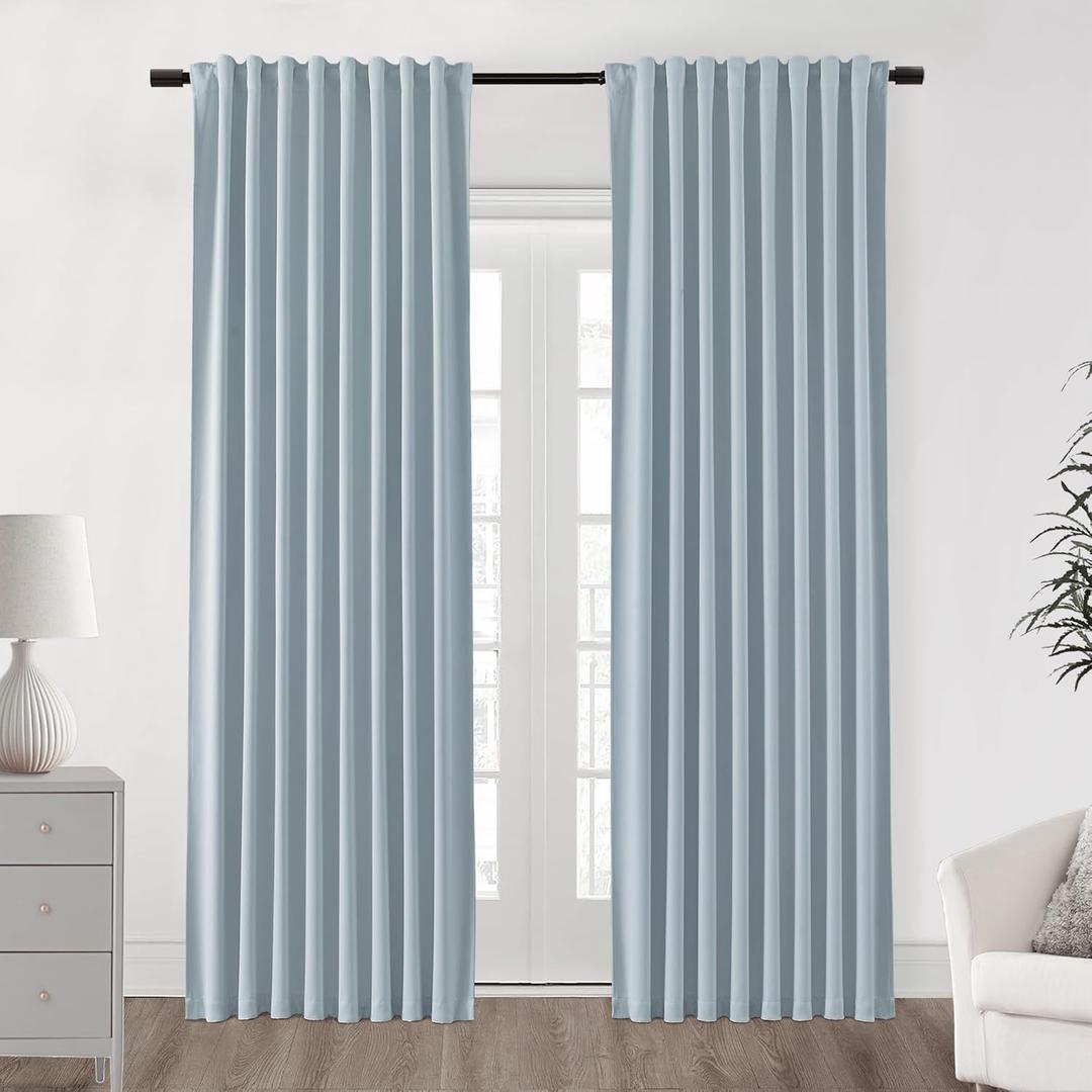 Light Blue Blackout Curtains for Bedroom, Nursery Curtains Girls Boys, Sky Baby Blue Back Tab Pleated Grandmillennial Grand Millenial Curtains for Living Room, 52 x 84 Inch Length, 2 Panels Set