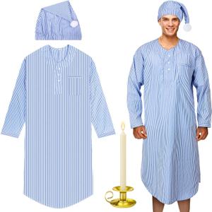 Toulite 4 Pcs Halloween Pajama Set Includes Men's Nightshirt Night Sleeping Cap Candle Holder Beige Candle for Halloween (2X-Large)