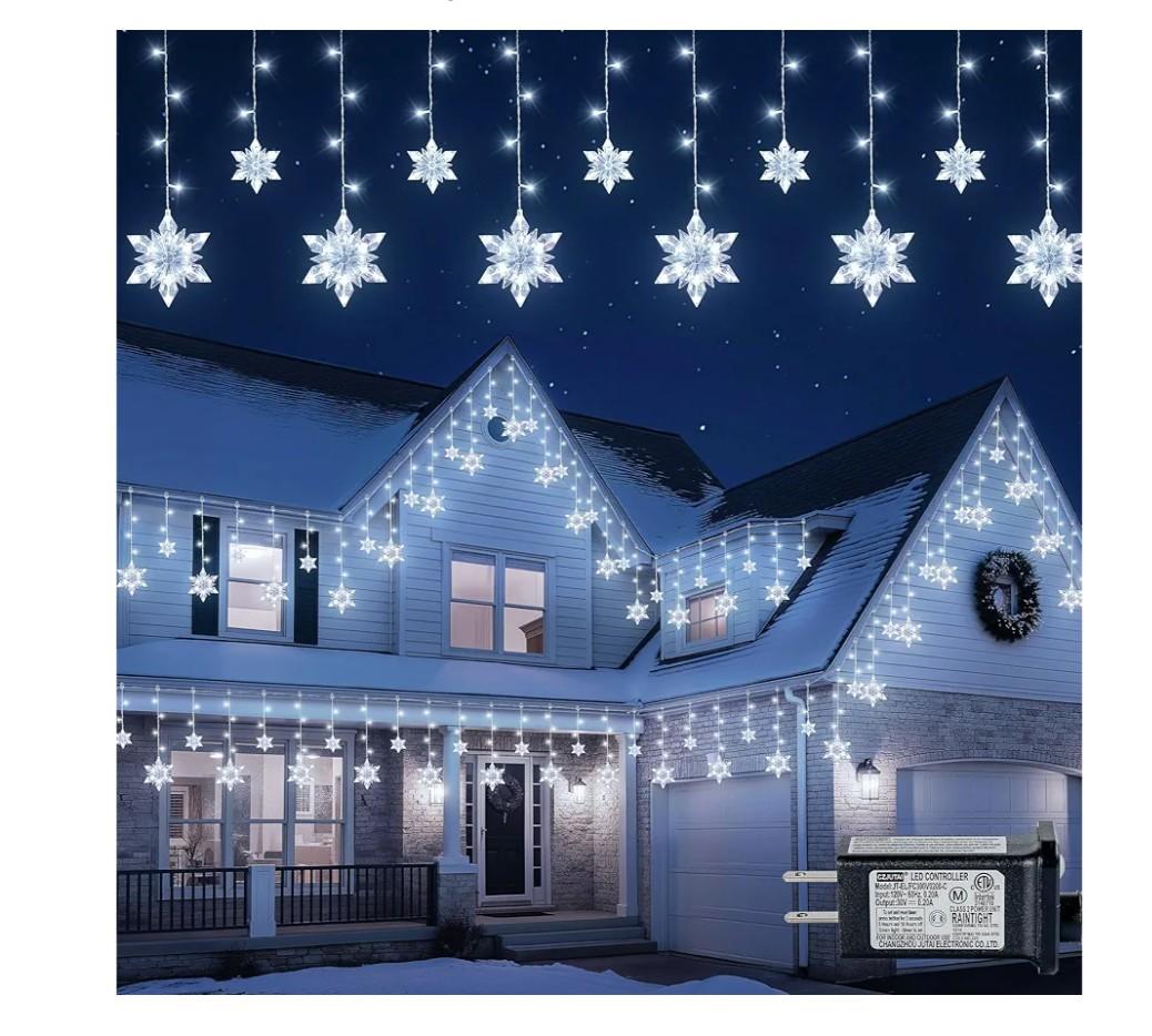 Christmas Snowflake Lights Outdoor, 10.7ft 168 LED Connectable Holiday String Lights Plug in with 14 Drops, Hanging Icicle Lights for Outside, Eaves, House, Window, Yard, Indoor Decor, White