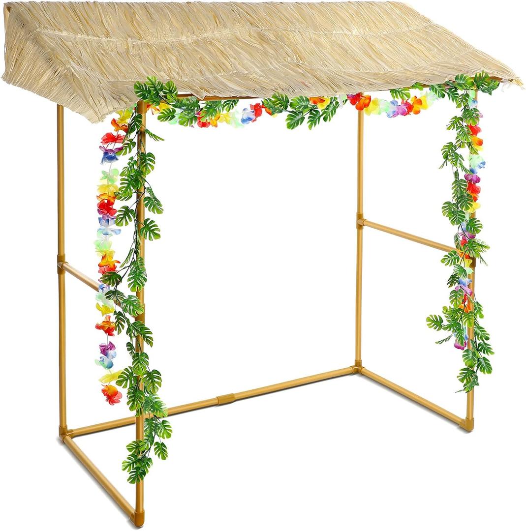 Jexine Tiki Bar Hut Tropical Tabletop Hut with 2 Pcs Decorative Artificial Monstera Tropical Garland Fake Jungle Hanging Plants for Summer Hawaiian Luau Beach Pool Party Decorations