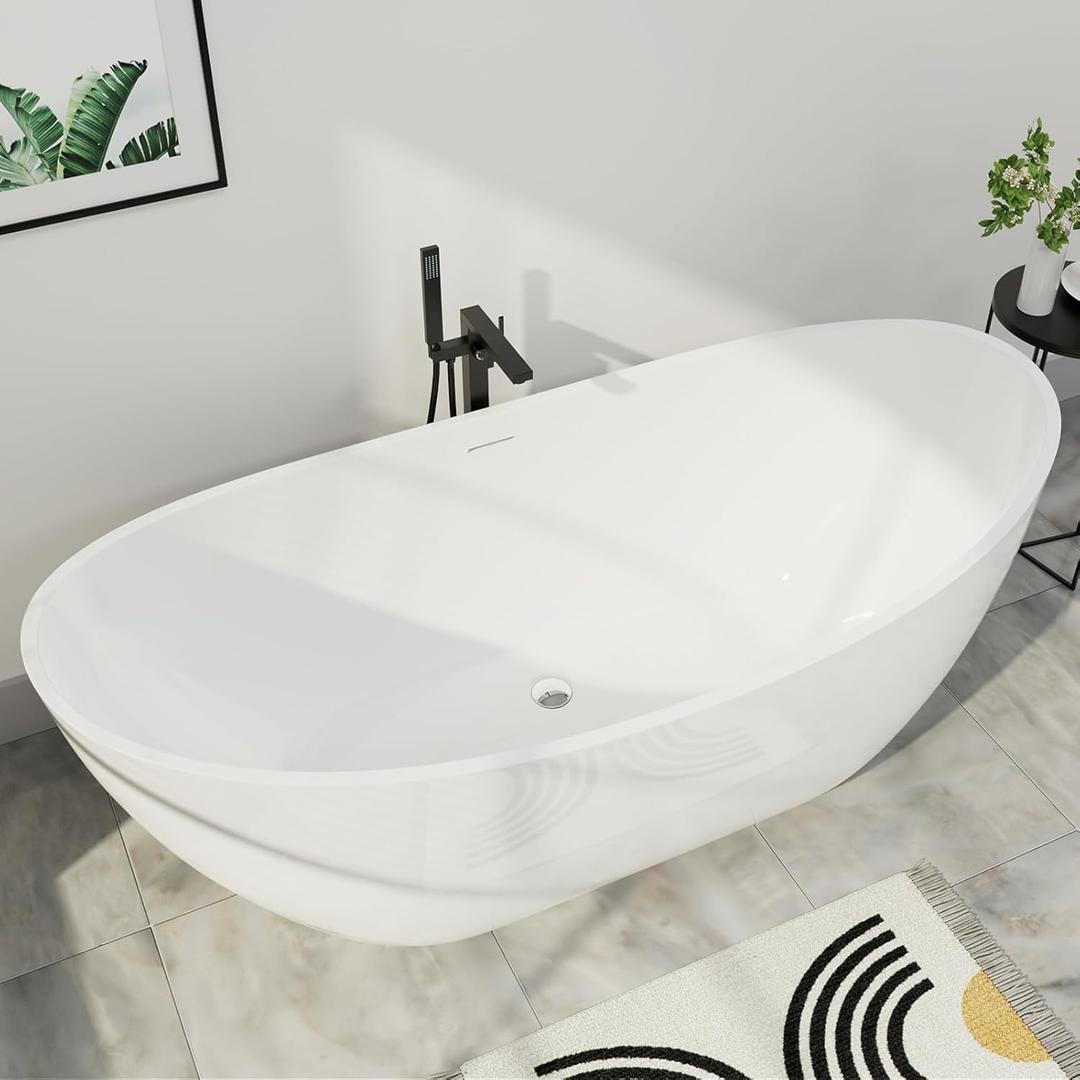 67" Lucite Acrylic Freestanding Bathtub, Double Slipper Shape Contemporary Soaking Tub with Toe-tap Chrome Drain, Slotted Overflow, cUPC Certified, Glossy White