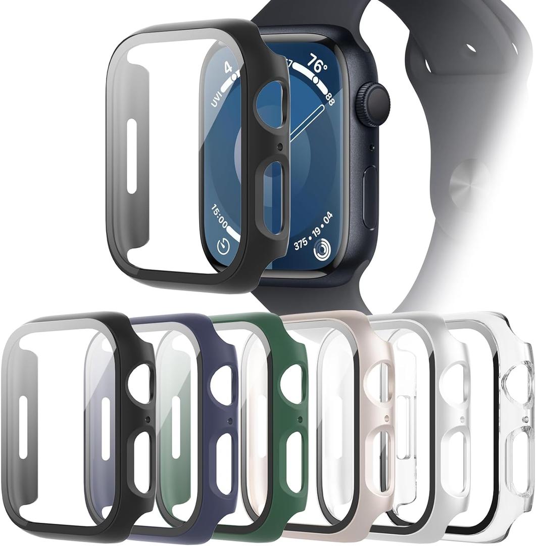 6-Pack Case Compatible with Apple Watch Series SE 6 5 4 44mm with Tempered Glass Screen Protector, Full Coverage Hard PC Protective Face Cover Bumper for iWatch 44 mm (Black/Transparent/Silver/Green/Starlight/Blue)