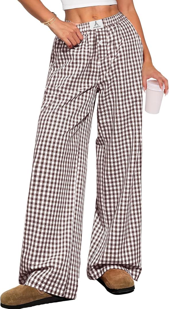 ANRABESS Womens Striped Gingham Pants 2025 Pajama Lounge Boxer Pants Cute Comfy PJ Bottoms with Pockets Fall Y2K Outfits Brown White Plaid X-Large