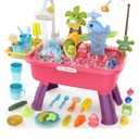 4-in-1 Electric Water Table Toy for Toddlers 1-3,Color Changing Kitchen Play Sink Toys with Running Water for Kid with Water Pump,Animals, Food, Tableware,Pretend Role Birthday Toy for Boy and Girl