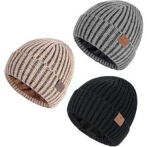 HONGTEYA 3 Pack Winter Beanie for Men Women, Thicken Thermal Plush Lined Beanie Fashion Warm Knit Hat for Cold Weather (One Size, Khaki+Gray+Black)