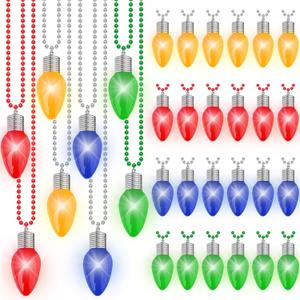 24PCS Light up Christmas Necklace, 3 Light Modes Bulbs Bead Chain Design, Colorful Xmas Glow Necklaces Bulk for Adults, Christmas Party Favors for Ugly Sweater Festive Holiday