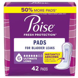 Poise Incontinence Pads & Postpartum Incontinence Pads, 6 Drop Ultimate Absorbency, Long Length, 42 Count, Packaging May Vary
