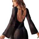 Floerns Women's Crochet Cover Up Long Sleeve Hollow Out Bikini Swimsuit Beach Cover Up Swimwear (Black)