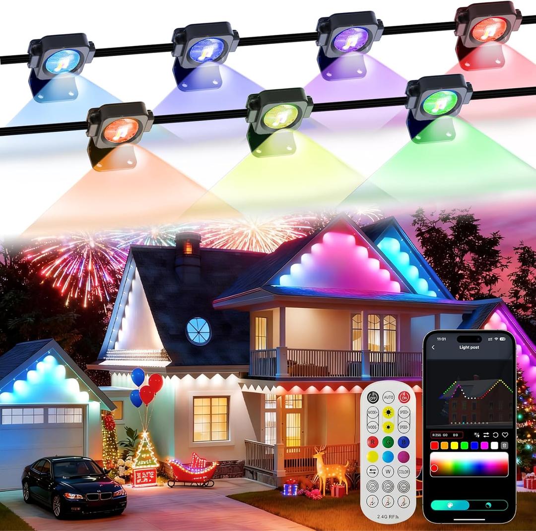 Permanent Outdoor Lights 50Ft 30LEDs, Smart RGB-IC Year Round Eave Deck Fence Outside Lights with Remote & App Control, Multicolor & White Individual DIY LED Christmas Holiday Decor (Black)