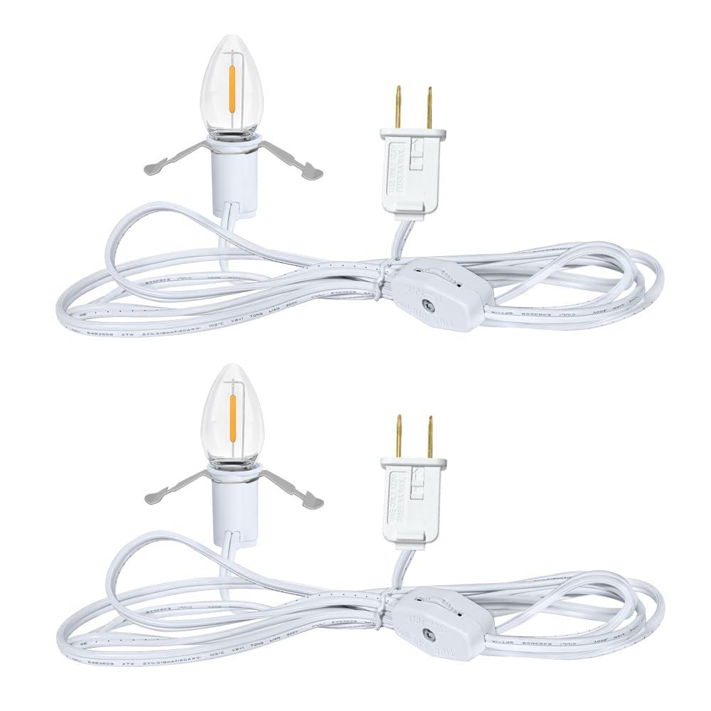NETEHA 2 Pack 6Ft White Accessory Cord with C7 LED Bulbs, E12 Socket Lamp Cord with On/Off Switch for Christmas Village House, Holiday Decorations, Pumpkin Lights