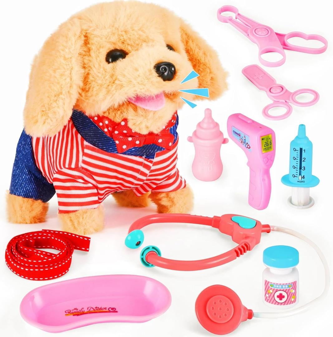Toddler Toy 10 Pcs Interactive Retriever Robot Dog Toy - Walking & Stuffed Puppy with Stethoscope for Vet Role Play, Educational Toddler Gifts for 3 Year Old Girl