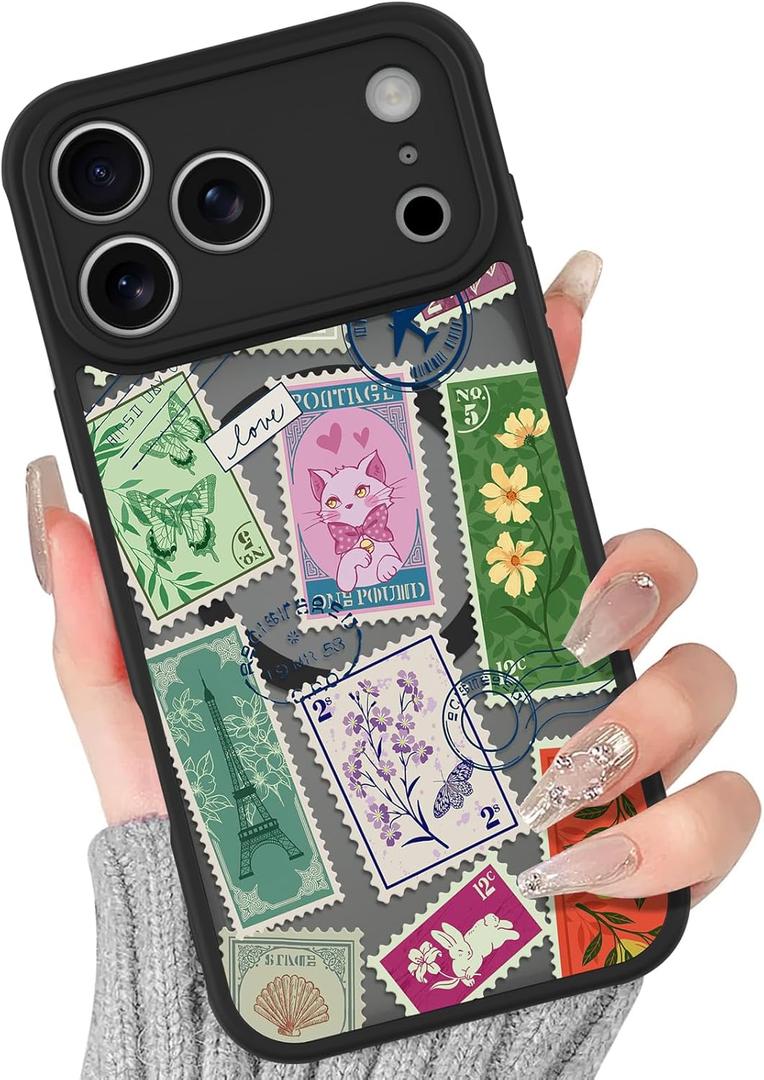 BITOBE Magnetic Case for iPhone 17 Pro [Compatible with MagSafe] Cute Stamp Pattern Case for Women Girls Soft TPU Bumper Translucent Black Slim Protective Cover