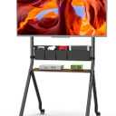 Rolling TV Stand with Storage for 32-75 Inch LCD/LED/OLED Flat/Curved Screens up to 220lbs Mobile TV Cart Anti-Collision Aesthetic Design Height Adjustable TV Stand with Wheels for Home Office