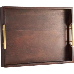 Joy&Grace Ottoman Tray for Living Room, Large Acacia Wooden Serving Tray with Handles for Coffee Table, Breakfast in Bed, Food Dinner, Decorative Tray (Color Brown, 16.7" x 12.8" x 2")