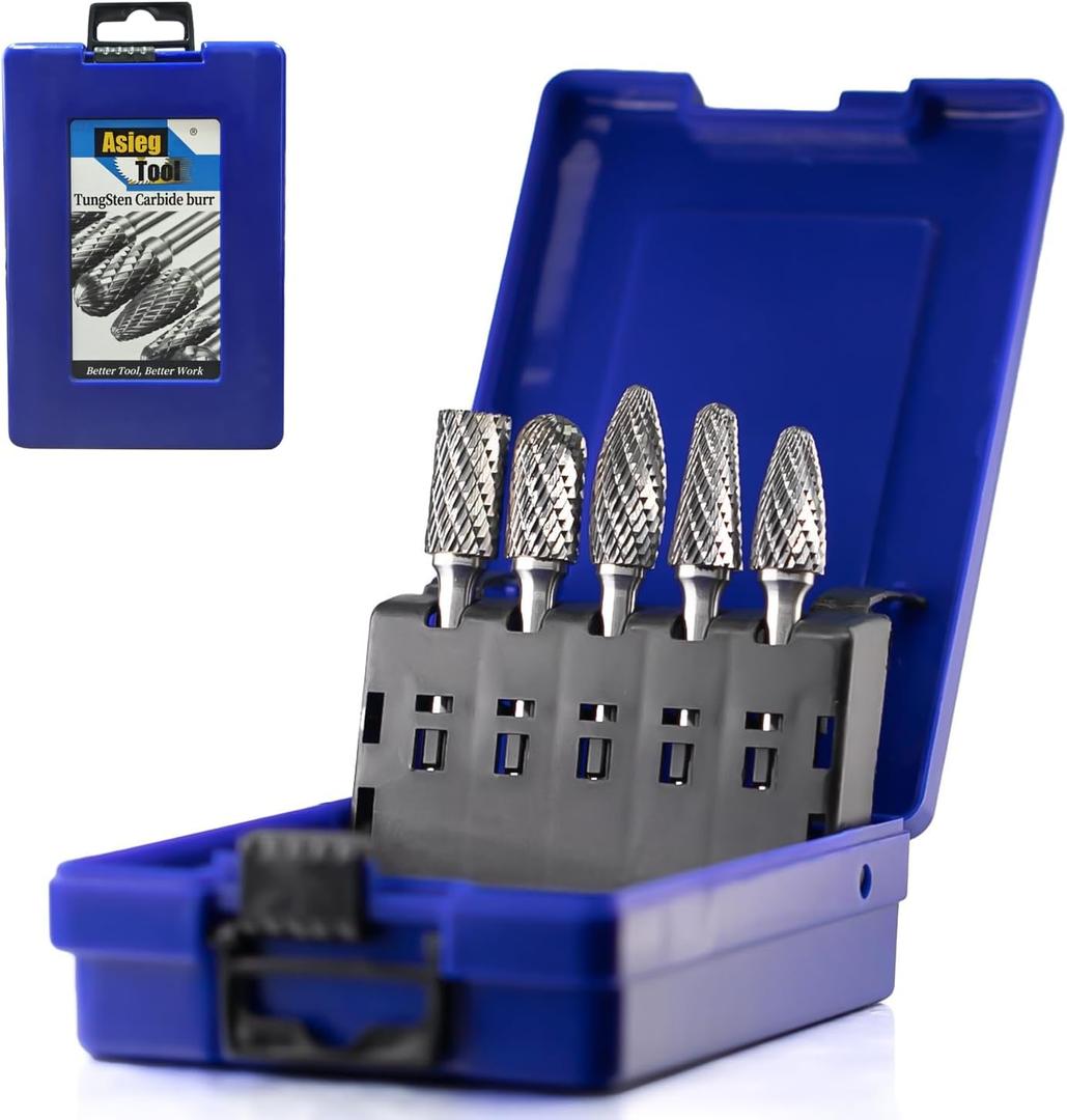 Carbide Burrs Set 5pcs with 1/4''Shank SB-5 SC-5 SF-5 SH-5 SL-4 Double Cut Solid Power Tool Rotary Files Bits for Die Grinder Metal Wood Carving Engraving Polishing Drilling Grinding Milling Cutting