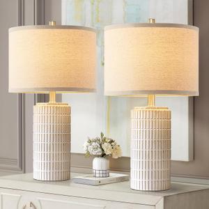 23'' Set of 2 Modern Ceramic Table Lamps for Living Room Bedroom, Nightstand Farmhouse Beige White Desk Lamp for Bedside End Table Entryway, 2 LED Bulbs Included