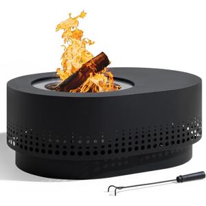 SUNJOY Smokeless Fire Pit with Table Top, 38-Inch Oval Firepit for Outdoor, Stainless Steel Wood Burning Fireplace w/Removable Ash Pan, PVC Cover and Fire Poker, Ideal for Camping, Backyard, Black