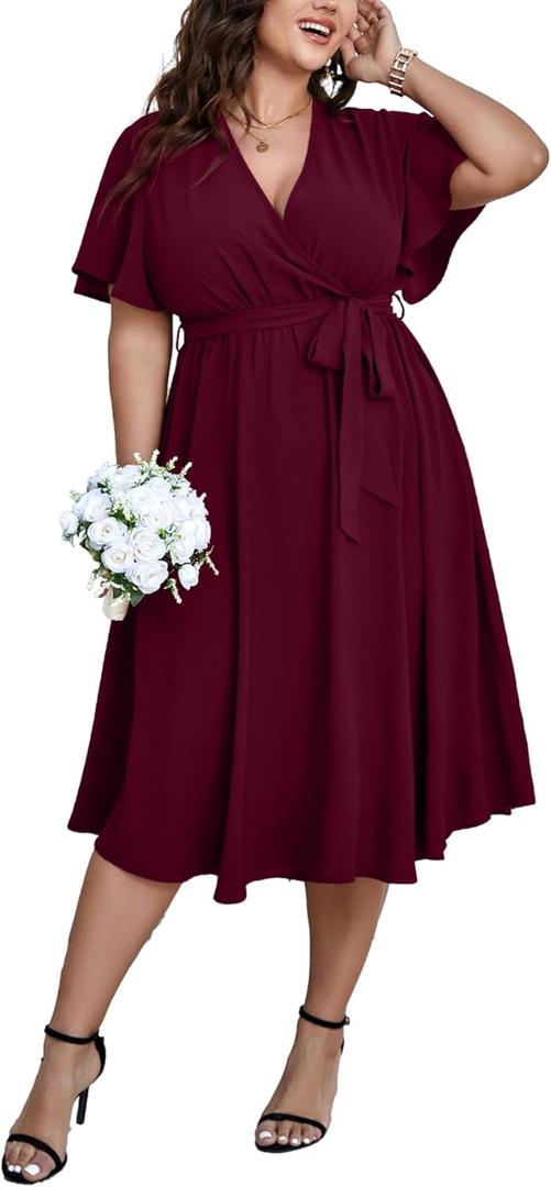 SCOMCHIC Womens Plus Size Wedding Guest Cocktail Midi Dress Summer Short Sleeve Wrap V Neck Belted A-Line Flowy Dress (Burgundy) XL