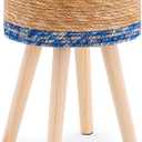 Handwoven Outdoor Ottoman, Water Hyacinth Pouf Round Patio Footstool with Wood Legs, 17-Inch Multipurpose Vanity Stool, Dining Chair, Patio Footrest for Balcony and Garden, Blue (13"D x 13"W x 16.9"H)