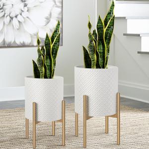 Oakrain Mid Century Planters for Indoor Plants, Metal Plant Set of 2, Modern Decorative Plant Pots for Living Room, Garden, Balcony, White Planters with Glod Plant Stands, 10 inch & 12 inch Oakrain Mid Century Planters for Indoor Plants, Metal Plant Set of 2, Modern Decorative Plant Pots for Living Room, Garden, Balcony, White Planters with Glod Plant Stands, 10 inch & 12 inch