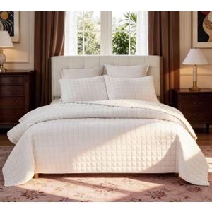 LR Rocaloca Velvet Quilt Oversized King Size 120x128 Luxurious Comforter Ultra Soft Bedding Set Quilted Bedspread Coverlet with 2 Matching Pillow Shams for All Season, Cream White