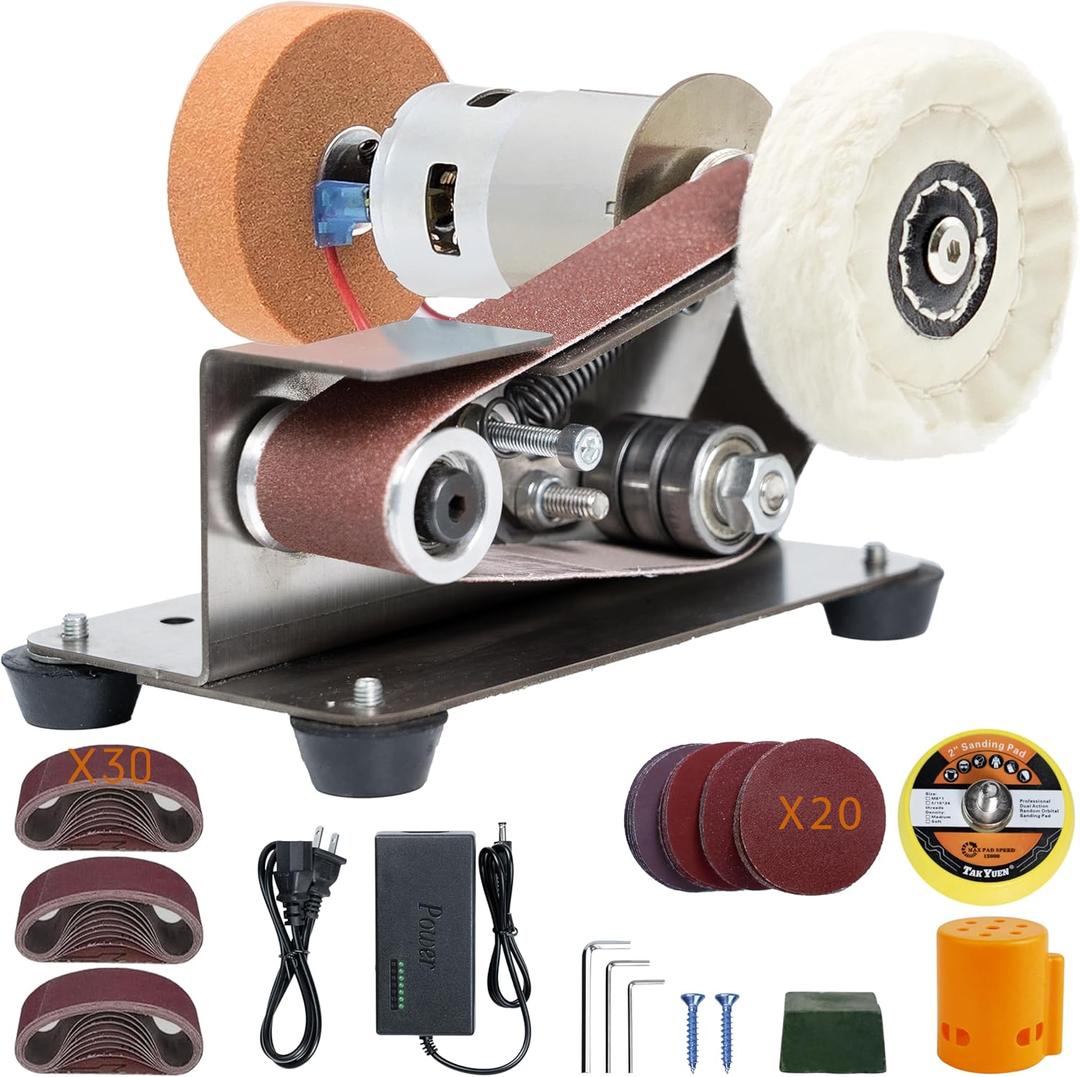 Mini Belt Sander, Electric Small Sander Knife Making Supplies, 7 Adjustable Speed Electric Knife Sharpener, Power Belt Grinder for Woodworking, Metal Working DIY (6.5'' x 6.8'' x 4.8'')