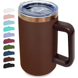 20 oz Insulated Coffee Mug with Lid, Stainless Steel Coffee Tumbler Bulk, Double Wall Vacuum Travel Mug with Handle, Leakproof Powder Coated Coffee Cups for Hot and Cold Drinks (Brown,1 pack)