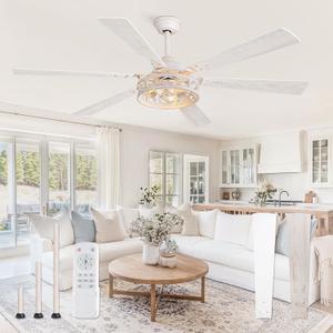 65 Inch Ceiling Fan with Lights, Farmhouse Caged Ceiling Fans with Remote, White Industrial Ceiling Fans with Quiet Reversible DC Motor, Large Ceiling Fan for Living room, Bedroom