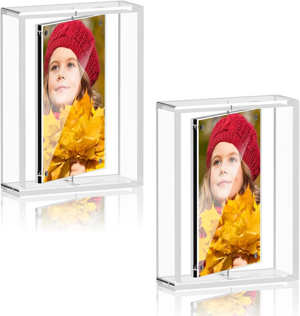 PPH-Sisy 4x6 Acrylic Magnetic Picture Frame 2 Pack, Double Sided 360° Rotating Clear Photo Frame, Frameless Desktop Display for Home Office Decor, Wedding Birthday Graduation Gift