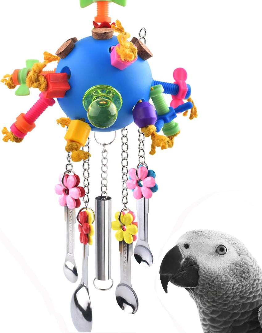 KATUMO Bird Toys, Parrot Pull Spoons Colorful Acrylic Stick Toys Bird Chew Toys for Amazon Parrot, African Grey, Conure, Caique, Quaker, Small Cockatoo, Mini Macaw, Eclectus and Similar Birds (Blue ball)