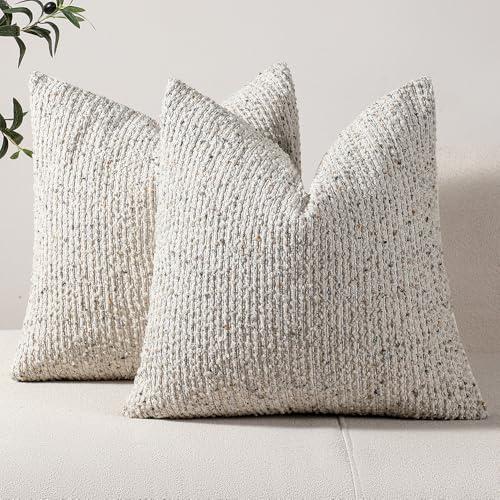 DEZENE Striped Euro Sham Pillow Covers 26x26 Set of 2 Cream Grey Textured Boucle Chic Morden Boho Accent Farmhouse Square Decorative Couch Throw Pillow Covers for Home Decor Bed Sofa Living Room