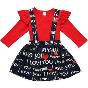 XFGLCK Toddler Baby Girls Valentine Outfit Ruffle Long Sleeve Shirt Tops +Heart Print Suspender Skirt 2Pcs Set 100 size